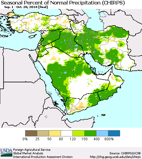 Middle East and Turkey Seasonal Percent of Normal Precipitation (CHIRPS) Thematic Map For 9/1/2018 - 10/20/2018