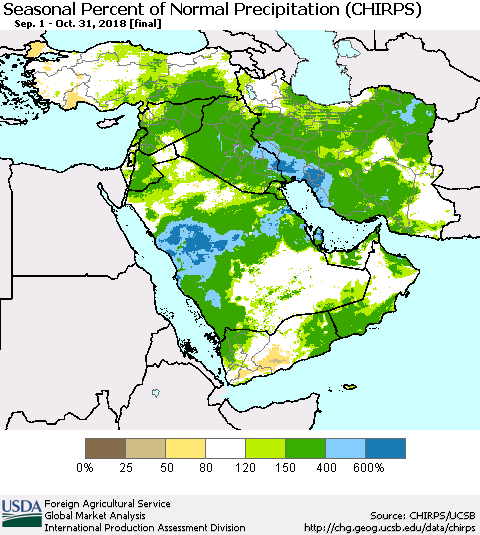 Middle East and Turkey Seasonal Percent of Normal Precipitation (CHIRPS) Thematic Map For 9/1/2018 - 10/31/2018