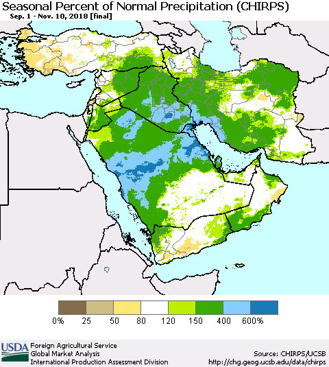 Middle East and Turkey Seasonal Percent of Normal Precipitation (CHIRPS) Thematic Map For 9/1/2018 - 11/10/2018