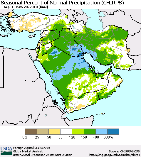 Middle East and Turkey Seasonal Percent of Normal Precipitation (CHIRPS) Thematic Map For 9/1/2018 - 11/20/2018
