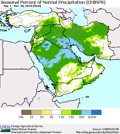 Middle East and Turkey Seasonal Percent of Normal Precipitation (CHIRPS) Thematic Map For 9/1/2018 - 11/30/2018