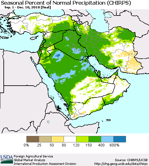 Middle East and Turkey Seasonal Percent of Normal Precipitation (CHIRPS) Thematic Map For 9/1/2018 - 12/10/2018