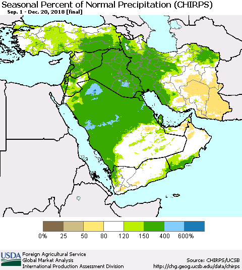 Middle East and Turkey Seasonal Percent of Normal Precipitation (CHIRPS) Thematic Map For 9/1/2018 - 12/20/2018