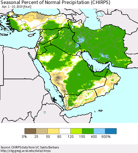 Middle East and Turkey Seasonal Percent of Normal Precipitation (CHIRPS) Thematic Map For 4/1/2019 - 4/10/2019