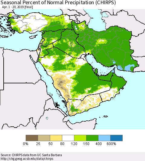 Middle East and Turkey Seasonal Percent of Normal Precipitation (CHIRPS) Thematic Map For 4/1/2019 - 4/20/2019