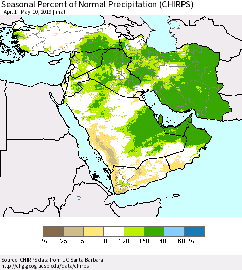 Middle East and Turkey Seasonal Percent of Normal Precipitation (CHIRPS) Thematic Map For 4/1/2019 - 5/10/2019