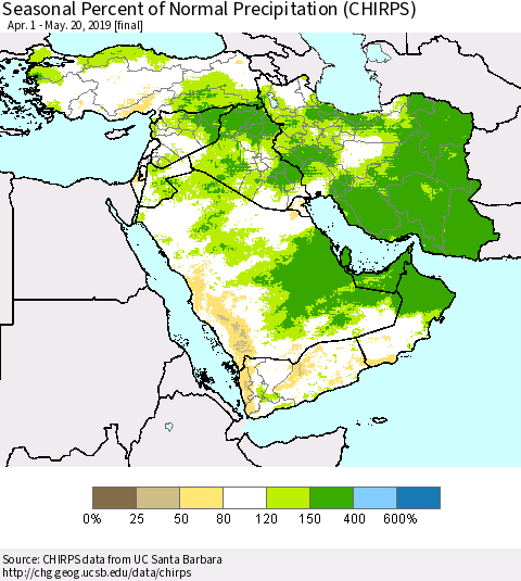 Middle East and Turkey Seasonal Percent of Normal Precipitation (CHIRPS) Thematic Map For 4/1/2019 - 5/20/2019