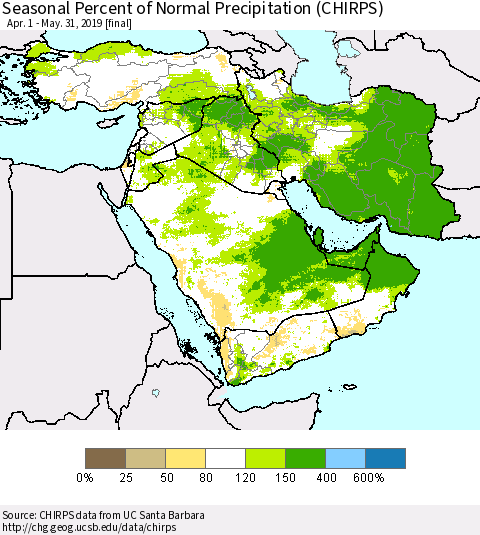 Middle East and Turkey Seasonal Percent of Normal Precipitation (CHIRPS) Thematic Map For 4/1/2019 - 5/31/2019