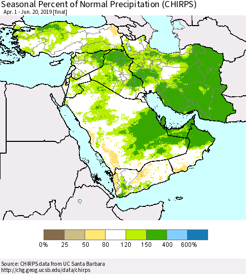 Middle East and Turkey Seasonal Percent of Normal Precipitation (CHIRPS) Thematic Map For 4/1/2019 - 6/20/2019
