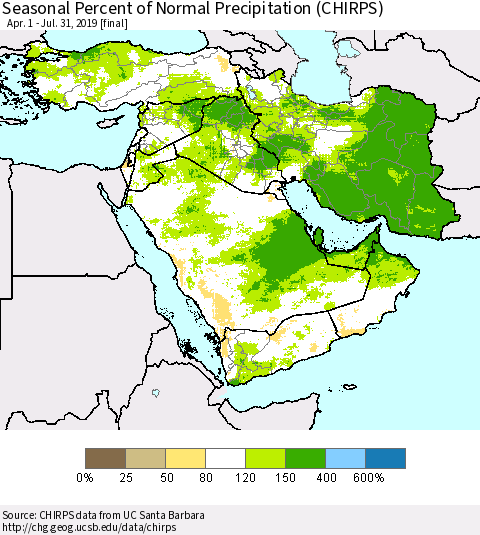 Middle East and Turkey Seasonal Percent of Normal Precipitation (CHIRPS) Thematic Map For 4/1/2019 - 7/31/2019