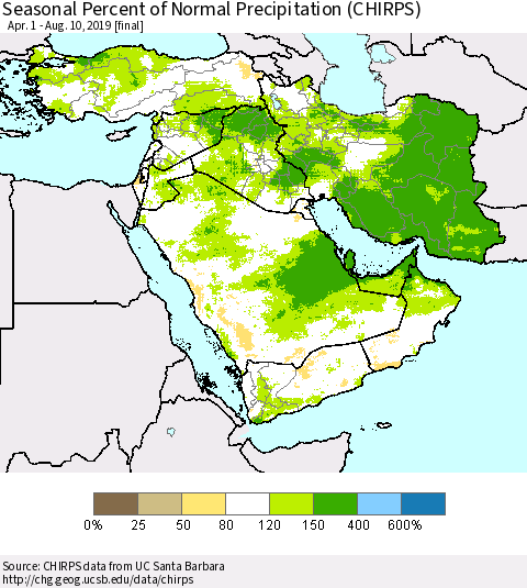Middle East and Turkey Seasonal Percent of Normal Precipitation (CHIRPS) Thematic Map For 4/1/2019 - 8/10/2019