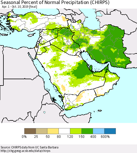 Middle East and Turkey Seasonal Percent of Normal Precipitation (CHIRPS) Thematic Map For 4/1/2019 - 10/10/2019