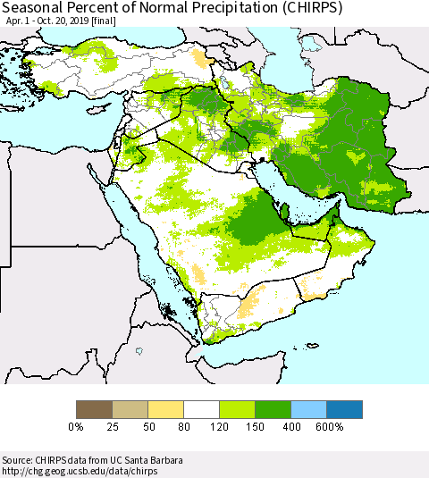 Middle East and Turkey Seasonal Percent of Normal Precipitation (CHIRPS) Thematic Map For 4/1/2019 - 10/20/2019