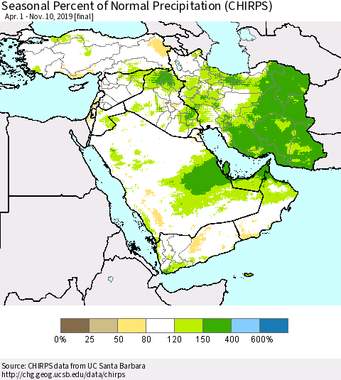 Middle East and Turkey Seasonal Percent of Normal Precipitation (CHIRPS) Thematic Map For 4/1/2019 - 11/10/2019