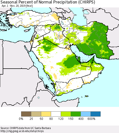 Middle East and Turkey Seasonal Percent of Normal Precipitation (CHIRPS) Thematic Map For 4/1/2019 - 11/20/2019