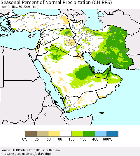 Middle East and Turkey Seasonal Percent of Normal Precipitation (CHIRPS) Thematic Map For 4/1/2019 - 11/30/2019