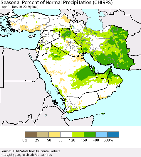 Middle East and Turkey Seasonal Percent of Normal Precipitation (CHIRPS) Thematic Map For 4/1/2019 - 12/10/2019