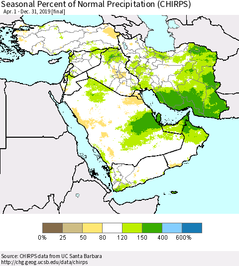 Middle East and Turkey Seasonal Percent of Normal Precipitation (CHIRPS) Thematic Map For 4/1/2019 - 12/31/2019