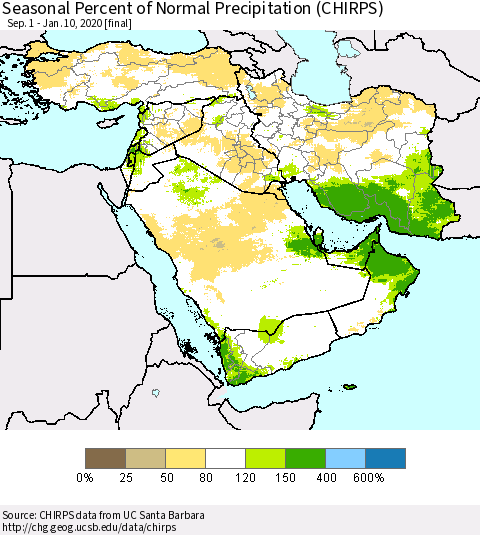 Middle East and Turkey Seasonal Percent of Normal Precipitation (CHIRPS) Thematic Map For 9/1/2019 - 1/10/2020