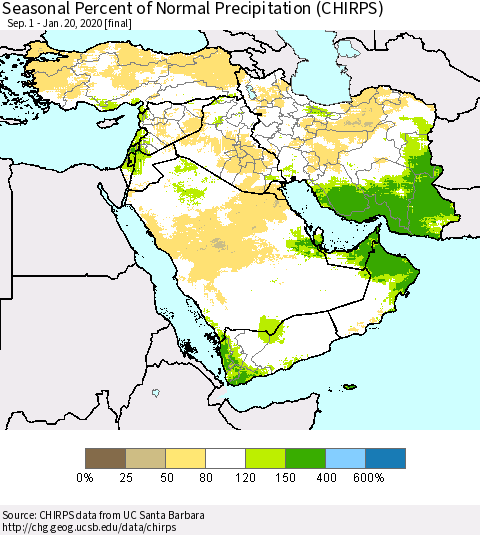 Middle East and Turkey Seasonal Percent of Normal Precipitation (CHIRPS) Thematic Map For 9/1/2019 - 1/20/2020