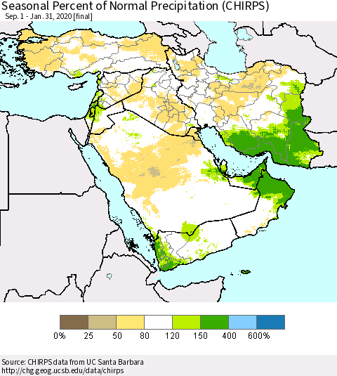Middle East and Turkey Seasonal Percent of Normal Precipitation (CHIRPS) Thematic Map For 9/1/2019 - 1/31/2020