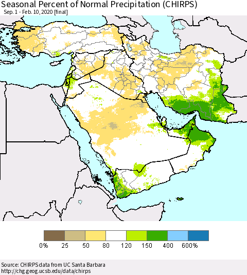 Middle East and Turkey Seasonal Percent of Normal Precipitation (CHIRPS) Thematic Map For 9/1/2019 - 2/10/2020