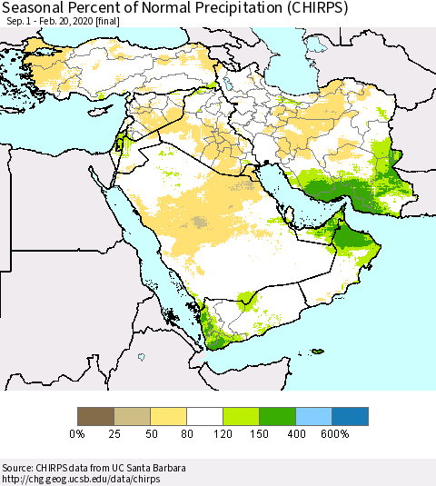 Middle East and Turkey Seasonal Percent of Normal Precipitation (CHIRPS) Thematic Map For 9/1/2019 - 2/20/2020