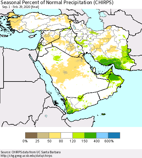 Middle East and Turkey Seasonal Percent of Normal Precipitation (CHIRPS) Thematic Map For 9/1/2019 - 2/29/2020