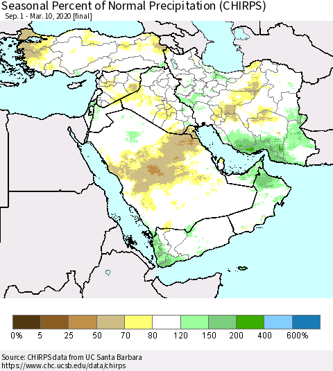 Middle East and Turkey Seasonal Percent of Normal Precipitation (CHIRPS) Thematic Map For 9/1/2019 - 3/10/2020