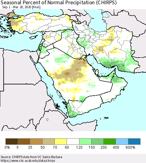 Middle East and Turkey Seasonal Percent of Normal Precipitation (CHIRPS) Thematic Map For 9/1/2019 - 3/20/2020