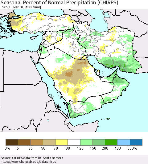 Middle East and Turkey Seasonal Percent of Normal Precipitation (CHIRPS) Thematic Map For 9/1/2019 - 3/31/2020