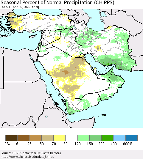Middle East and Turkey Seasonal Percent of Normal Precipitation (CHIRPS) Thematic Map For 9/1/2019 - 4/10/2020
