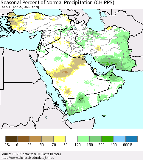 Middle East and Turkey Seasonal Percent of Normal Precipitation (CHIRPS) Thematic Map For 9/1/2019 - 4/20/2020