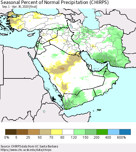 Middle East and Turkey Seasonal Percent of Normal Precipitation (CHIRPS) Thematic Map For 9/1/2019 - 4/30/2020