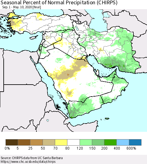 Middle East and Turkey Seasonal Percent of Normal Precipitation (CHIRPS) Thematic Map For 9/1/2019 - 5/10/2020