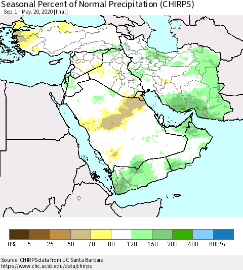 Middle East and Turkey Seasonal Percent of Normal Precipitation (CHIRPS) Thematic Map For 9/1/2019 - 5/20/2020
