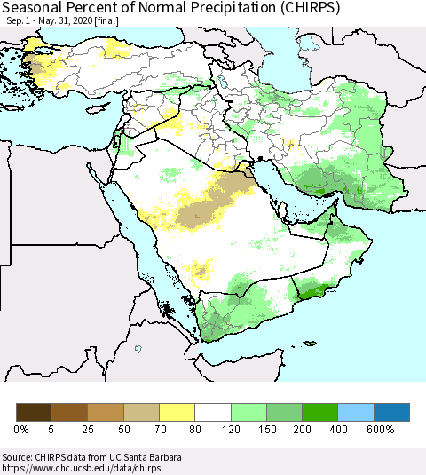 Middle East and Turkey Seasonal Percent of Normal Precipitation (CHIRPS) Thematic Map For 9/1/2019 - 5/31/2020