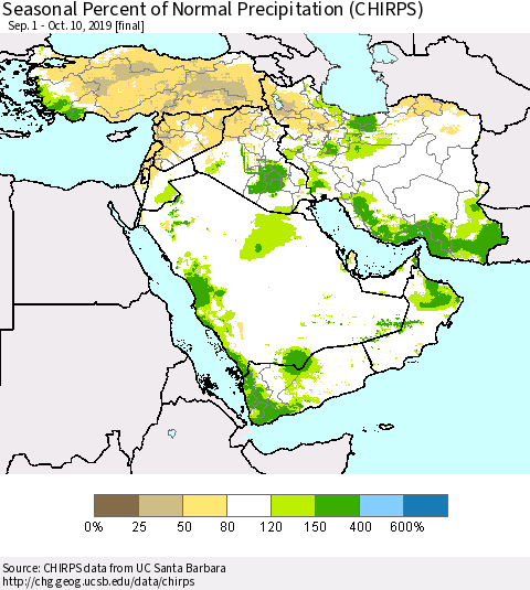 Middle East and Turkey Seasonal Percent of Normal Precipitation (CHIRPS) Thematic Map For 9/1/2019 - 10/10/2019