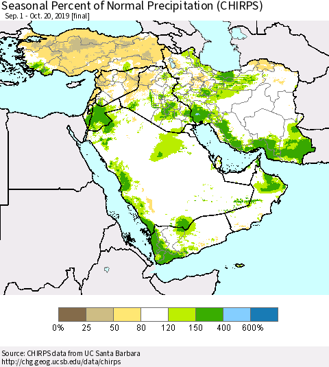 Middle East and Turkey Seasonal Percent of Normal Precipitation (CHIRPS) Thematic Map For 9/1/2019 - 10/20/2019
