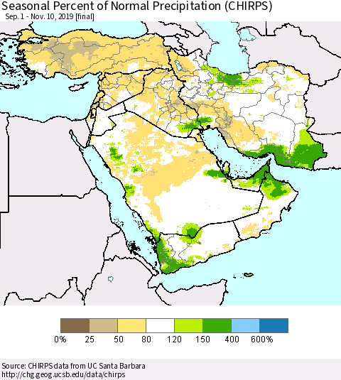 Middle East and Turkey Seasonal Percent of Normal Precipitation (CHIRPS) Thematic Map For 9/1/2019 - 11/10/2019