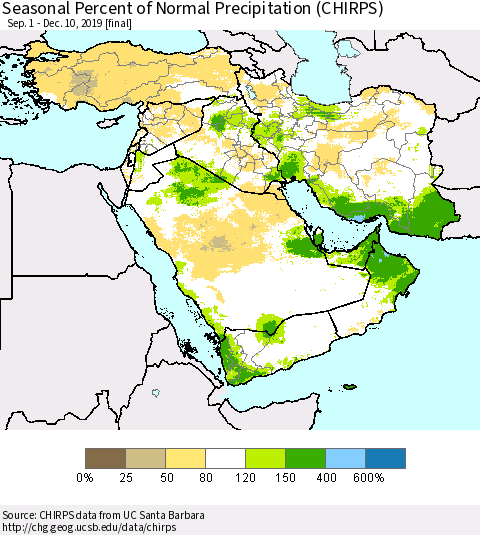 Middle East and Turkey Seasonal Percent of Normal Precipitation (CHIRPS) Thematic Map For 9/1/2019 - 12/10/2019