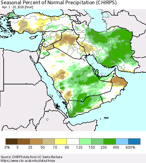 Middle East and Turkey Seasonal Percent of Normal Precipitation (CHIRPS) Thematic Map For 4/1/2020 - 4/20/2020