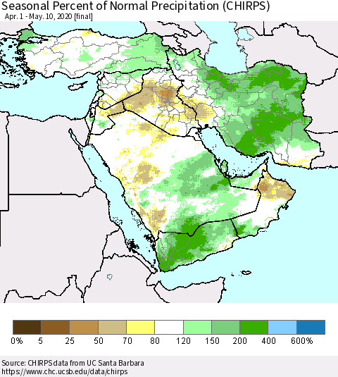 Middle East and Turkey Seasonal Percent of Normal Precipitation (CHIRPS) Thematic Map For 4/1/2020 - 5/10/2020