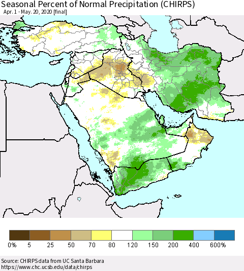 Middle East and Turkey Seasonal Percent of Normal Precipitation (CHIRPS) Thematic Map For 4/1/2020 - 5/20/2020