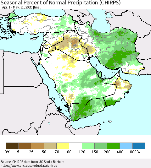 Middle East and Turkey Seasonal Percent of Normal Precipitation (CHIRPS) Thematic Map For 4/1/2020 - 5/31/2020