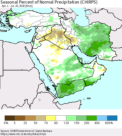 Middle East and Turkey Seasonal Percent of Normal Precipitation (CHIRPS) Thematic Map For 4/1/2020 - 7/20/2020