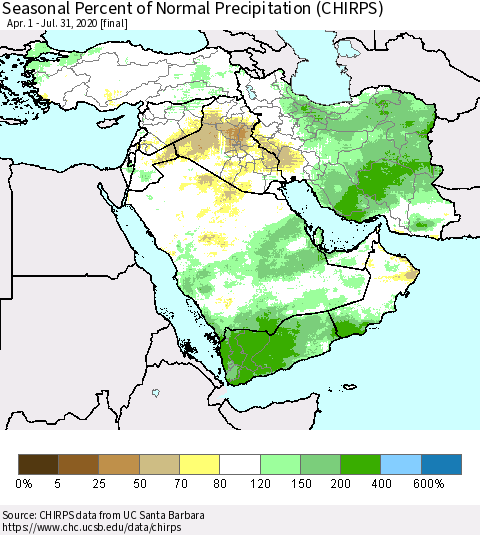 Middle East and Turkey Seasonal Percent of Normal Precipitation (CHIRPS) Thematic Map For 4/1/2020 - 7/31/2020