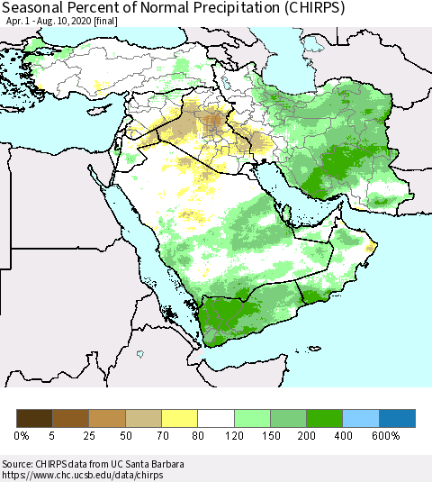 Middle East and Turkey Seasonal Percent of Normal Precipitation (CHIRPS) Thematic Map For 4/1/2020 - 8/10/2020