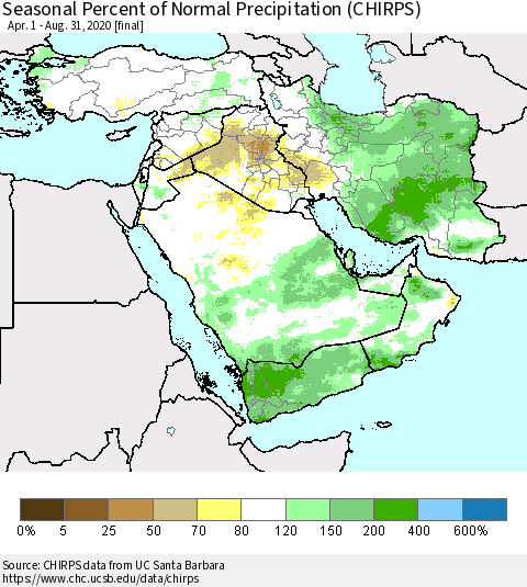 Middle East and Turkey Seasonal Percent of Normal Precipitation (CHIRPS) Thematic Map For 4/1/2020 - 8/31/2020