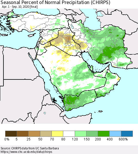 Middle East and Turkey Seasonal Percent of Normal Precipitation (CHIRPS) Thematic Map For 4/1/2020 - 9/10/2020